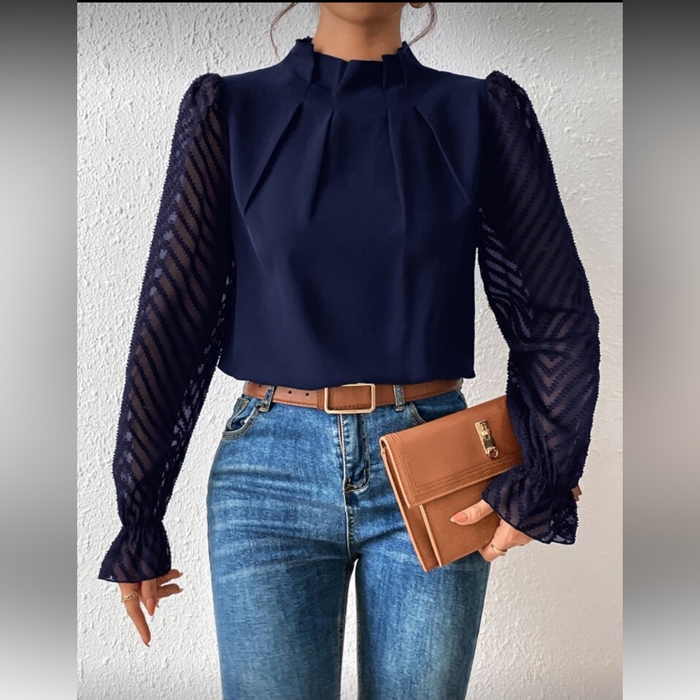 SHEIN Navy Blouse with Sheer Sleeves - Picture 4 of 9